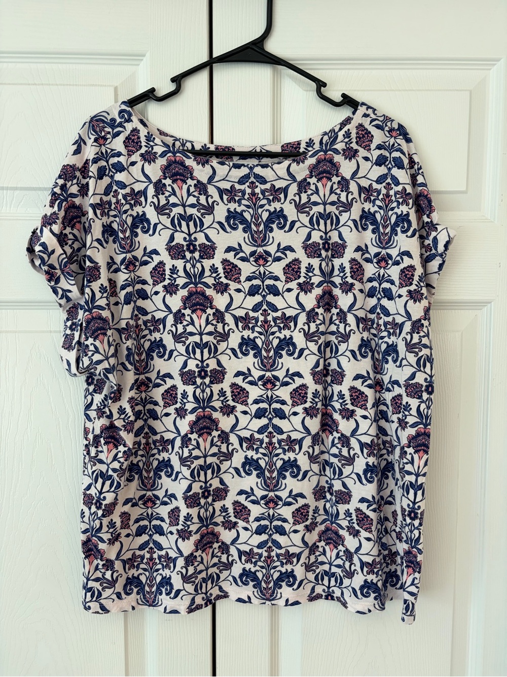 NWOT J.Jill Blue Flower Print Boho Short Sleeve Cotton Tunic Blouse Shirt Size L